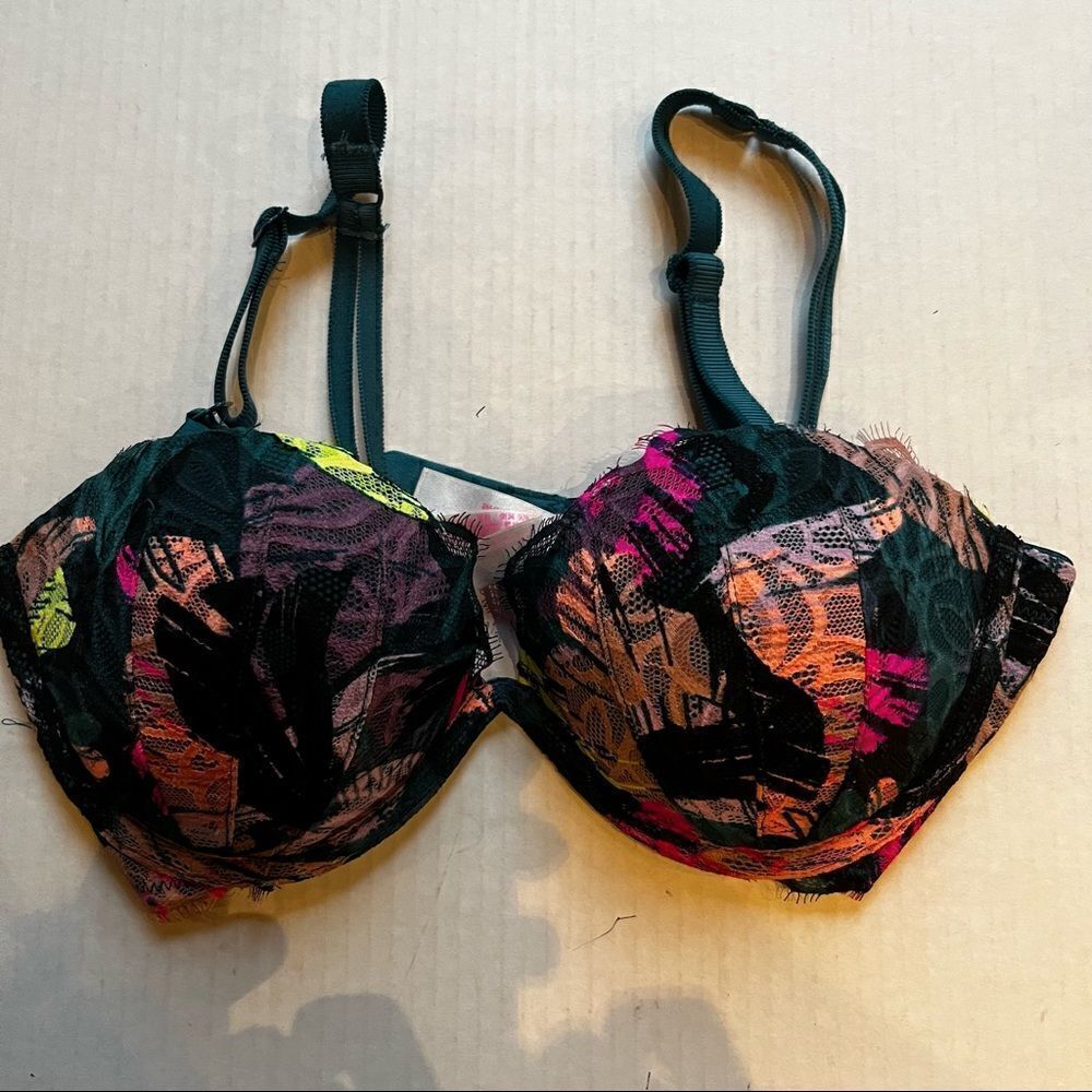 PINK Bra Date Plunge push up multiway 34B underwire, padded, black, pink multi